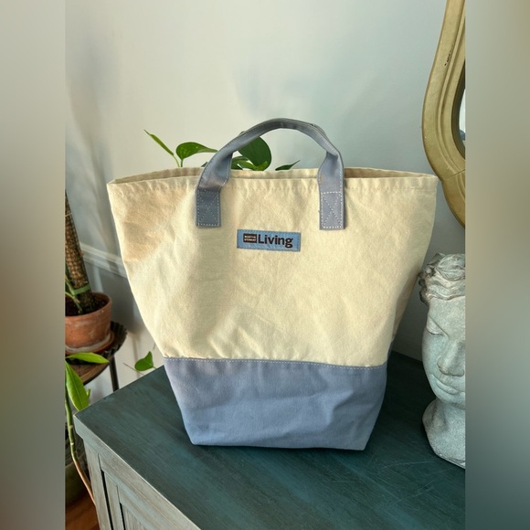 Martha Stewart Living Tote Bag Blue Beige Canvas Reusable Shopping bag - Picture 1 of 4